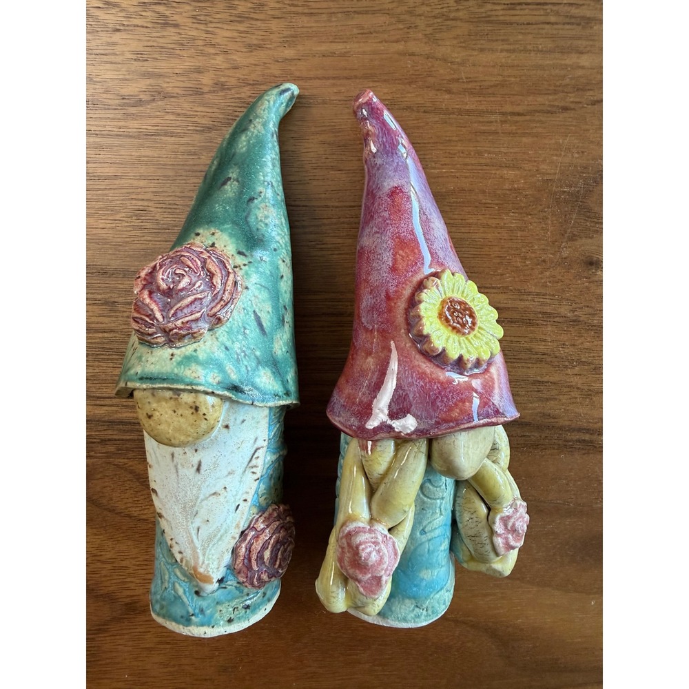 Ceramic Garden Gnome Couple Multicolor Floral Glazed  5"x2" Folk Cottage